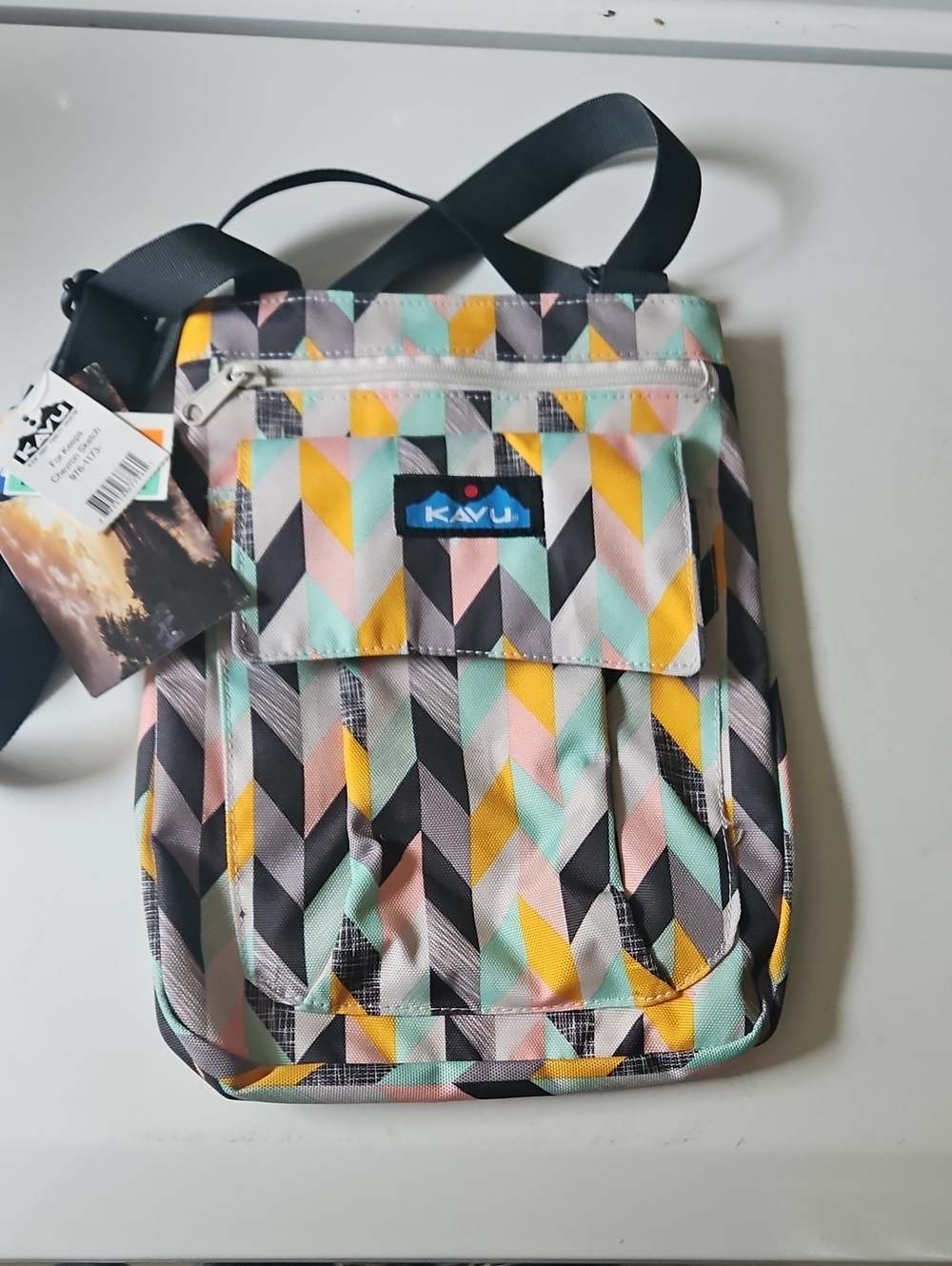 KAVU Pastel Chevron Crossbody Bag in Mint Pink Yellow and Gray
